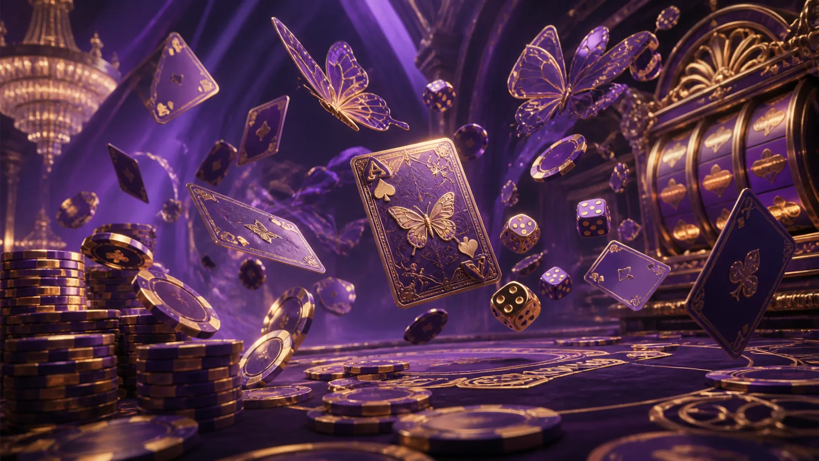 High-end online casino banner for Flutterhall featuring futuristic holographic style with vibrant light beams, diamond elemen